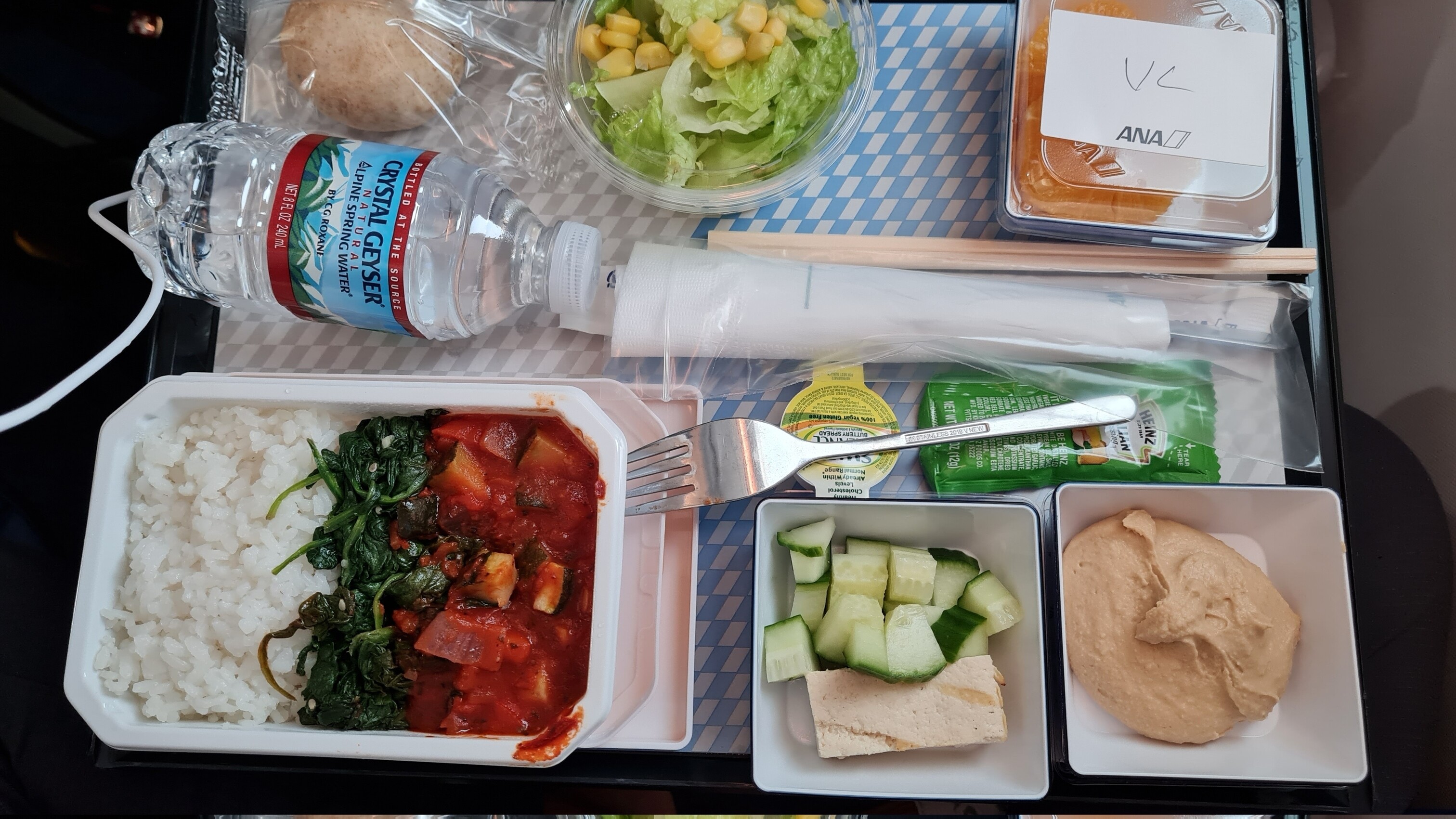 First meal. From top left: bread, salad, orange slices, hummus, dice cucumber with tofu, and ratatouille with spinach and rice. Tiny Häagen-Dazs dessert not pictured.