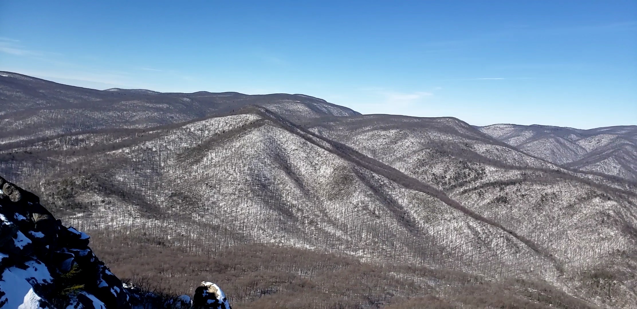 Tan-brown mountain peaks fuzzy with bare trees